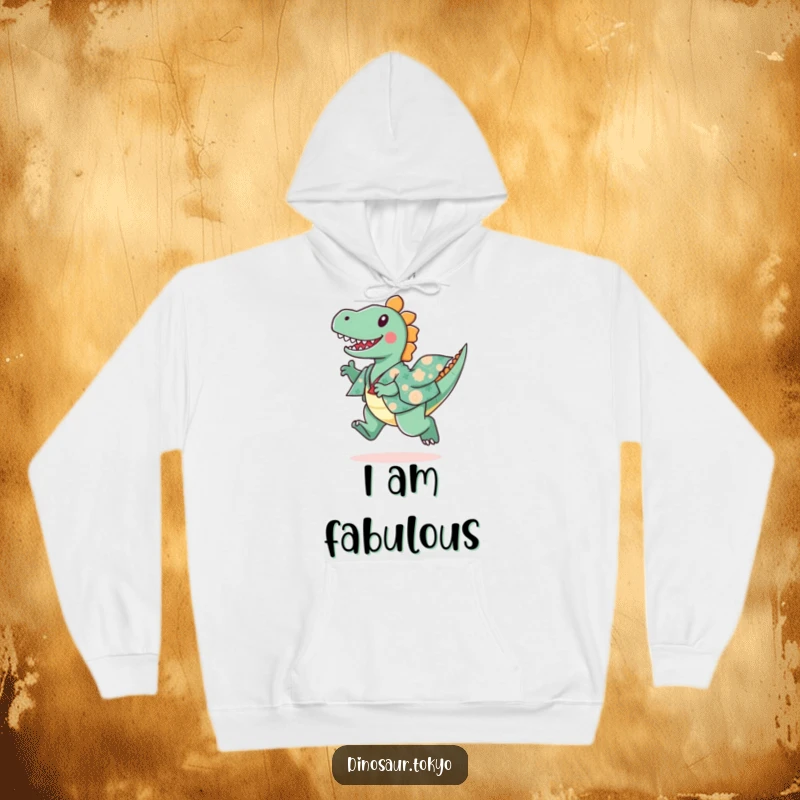 Funny hoodie with a playful dinosaur wearing a patterned kimono, leaping with ecstatic energy and joy.