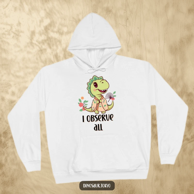 Funny hoodie with a curious dinosaur wearing a floral kimono, peeking mysteriously from behind a decorative fan.
