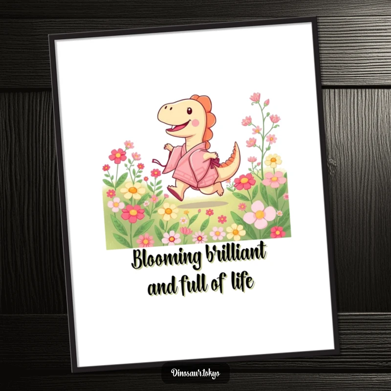 Funny Free Printable Wall Art: Joyful kimono dinosaur skipping through a vibrant field of blooming flowers, cute downloadable art.