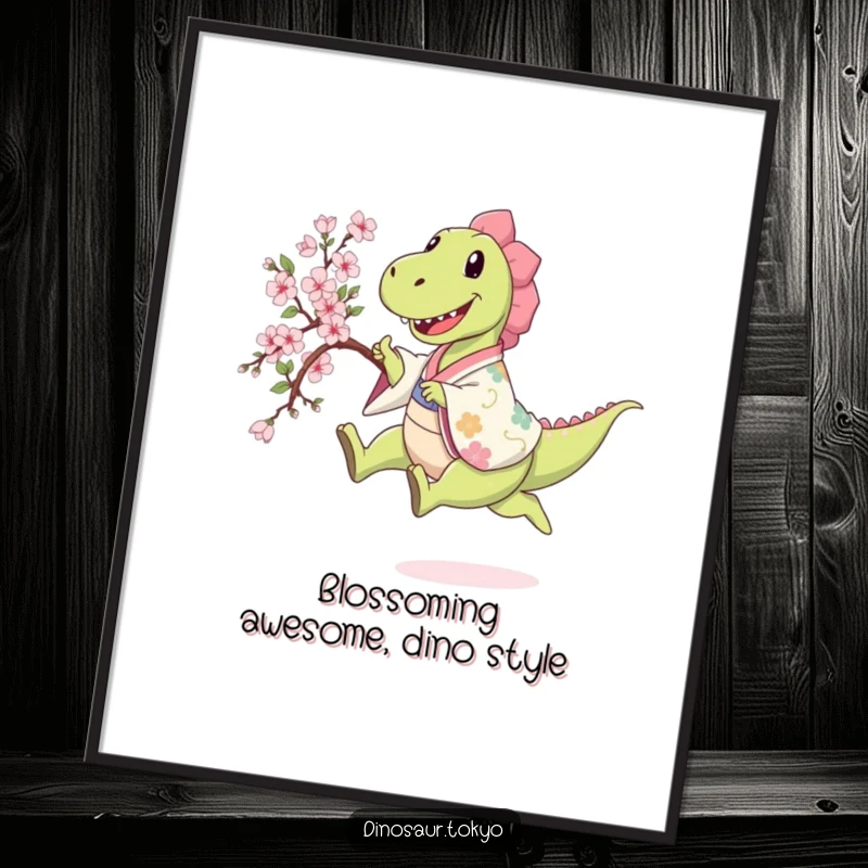Funny Free Printable Wall Art: Happy dinosaur in patterned kimono leaps holding a sakura branch, exuding spring joy and energy.