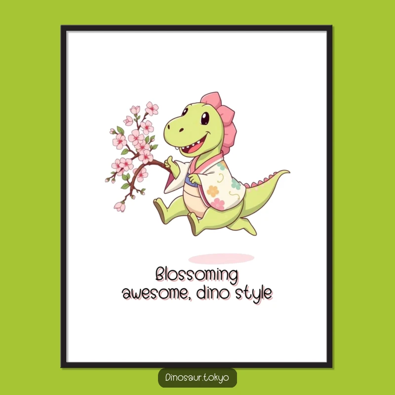 Funny Free Printable Wall Art: Dino's Sakura Leap, Joyful Dinosaur Art, Spring Vibes, Downloadable!