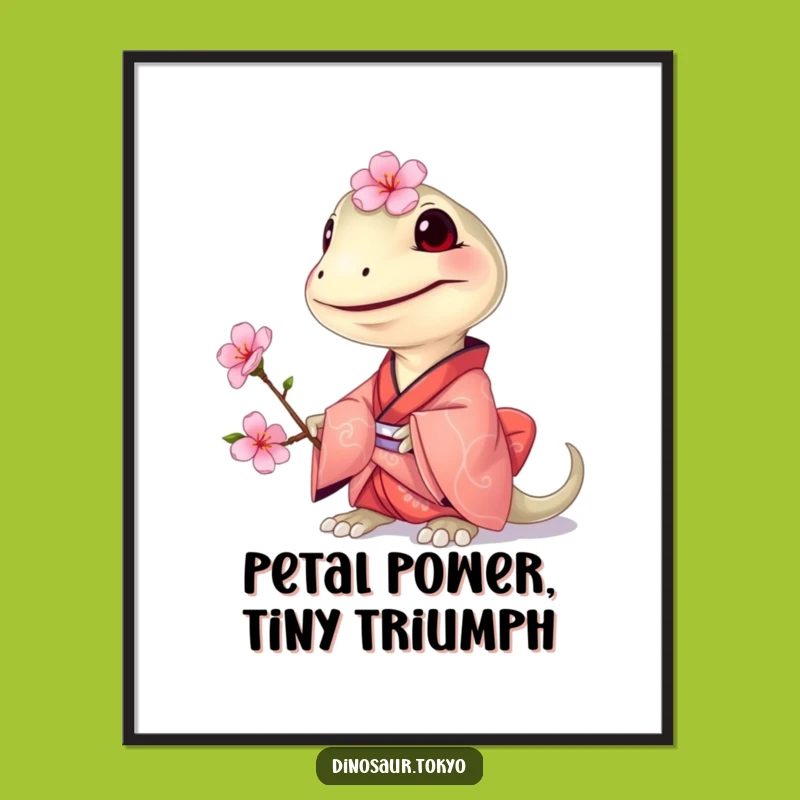 Free Printable Wall Art: Compsognathus Kimono & Cherry Blossom, Delicate Dinosaur Decor