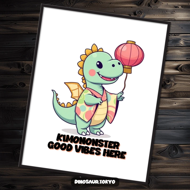 Funny Free Printable Wall Art: a smiling dinosaur in a vibrant kimono twirls a festive paper lantern, creating a joyful scene.