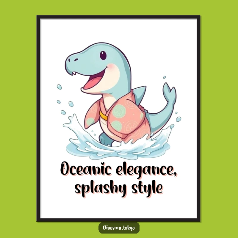 Free Printable Wall Art: Happy Ichthyosaurus in Kimono, Joyful Splash Dinosaur Decor
