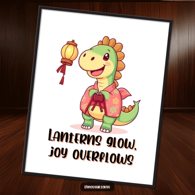 Funny free printable wall art of a joyful dinosaur in a vibrant kimono holding a glowing lantern up high.