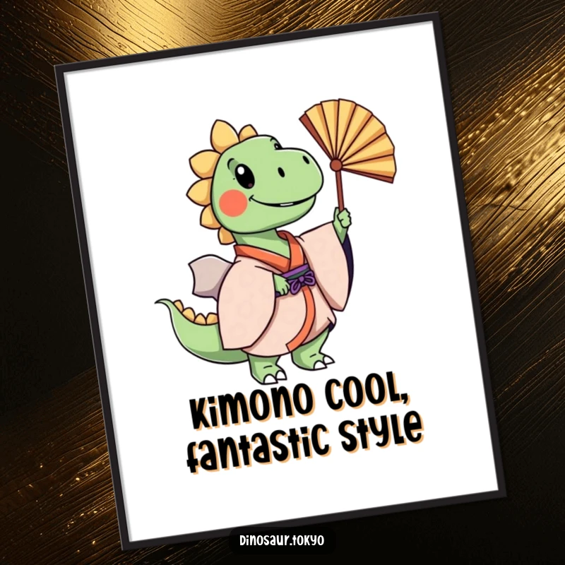 Funny Free Printable Wall Art: Cheerful dinosaur in layered kimono gracefully sways a fan, bringing serene joy to decor.