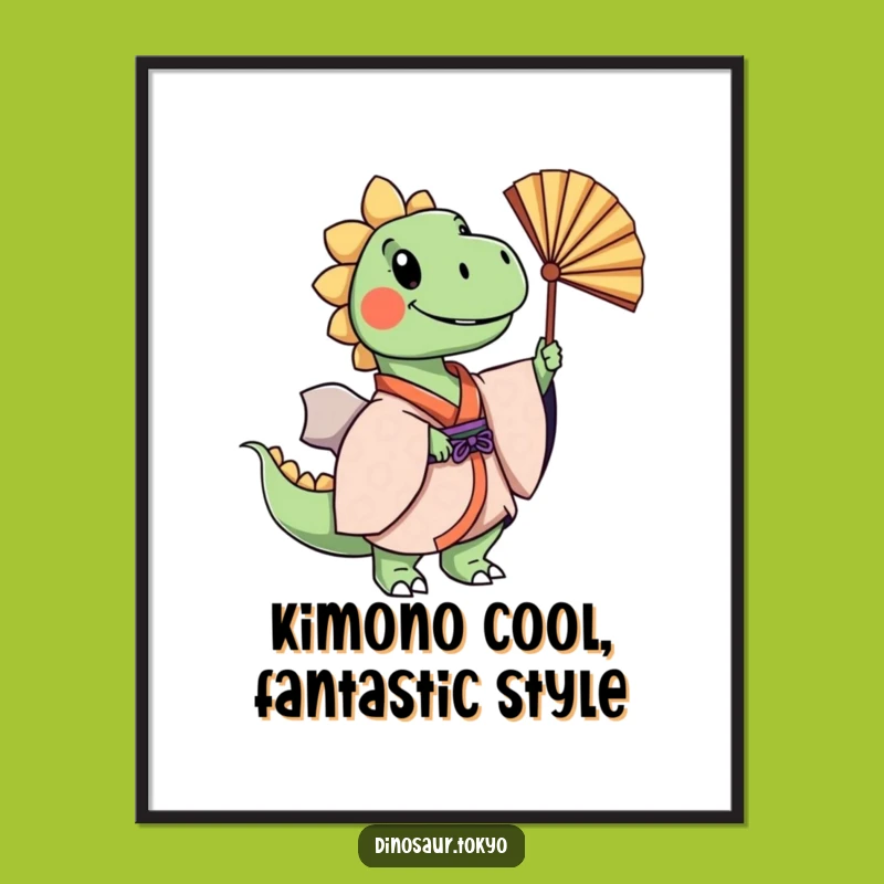 Funny Free Printable Wall Art: Dino Kimono Fan Dance, Elegant & Joyful Dinosaur Art, Downloadable!