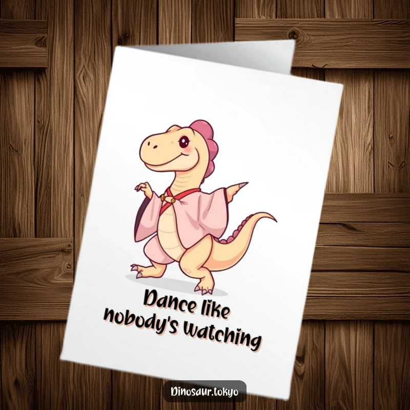 Funny free printable birthday card featuring a graceful dinosaur in a silk kimono dancing elegantly for a hilarious celebration.
