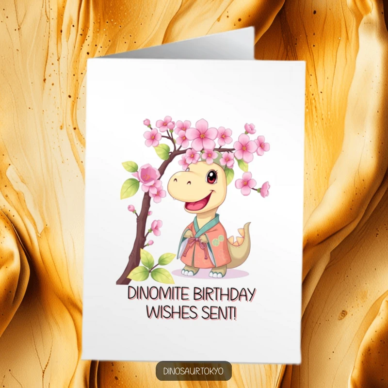 Funny Free Printable Birthday Card: Smiling kimono dinosaur peeking playfully behind a cherry blossom branch, delightful DIY gift.