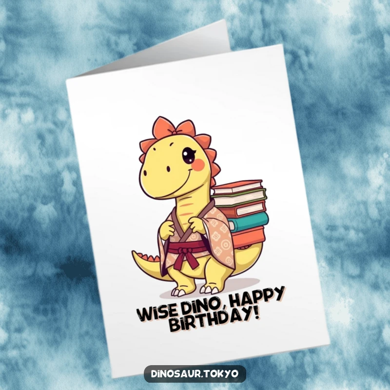 Funny free printable birthday card featuring a mischievous dinosaur in a kimono balancing a tall stack of books.
