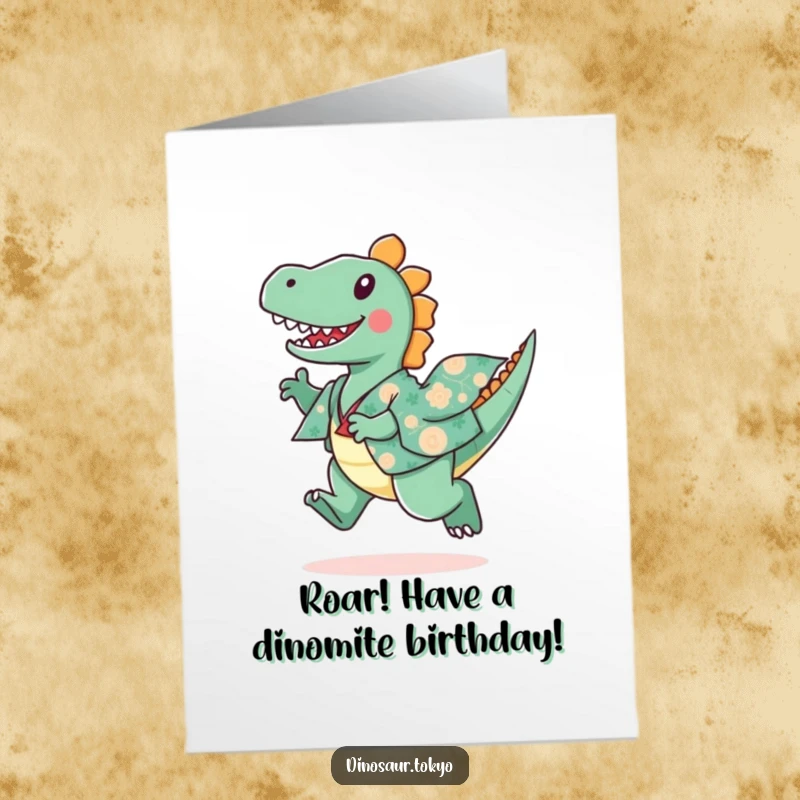 Funny Free Printable Birthday Card of a happy, playful dinosaur wearing a patterned kimono and leaping mid-air with excitement.