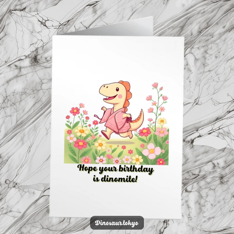 Funny Free Printable Birthday Card: Joyful kimono dinosaur skipping through a vibrant field of blooming flowers, cute DIY greeting.