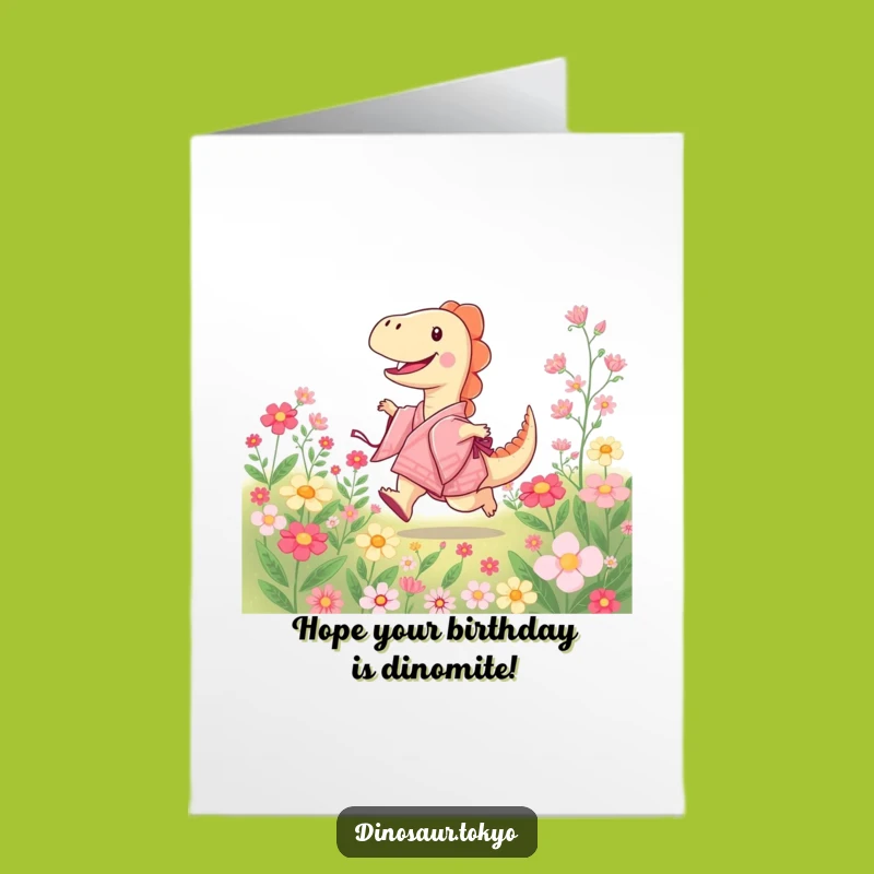 Free Printable Dino Birthday Card: Joyful Kimono Dinosaur Flower Fun