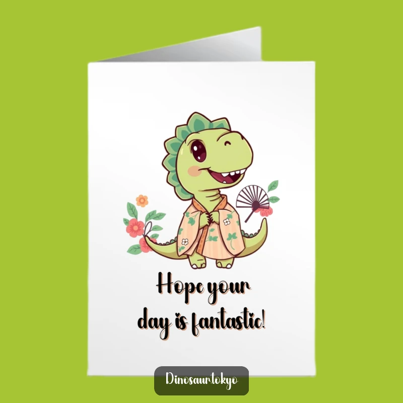 Free Printable Curious Dino Birthday Card: Floral Kimono Peek Downloadable
