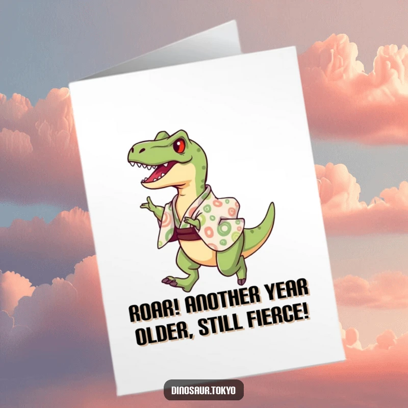 Funny free printable birthday card with a joyful velociraptor in a patterned kimono doing a triumphant leap.