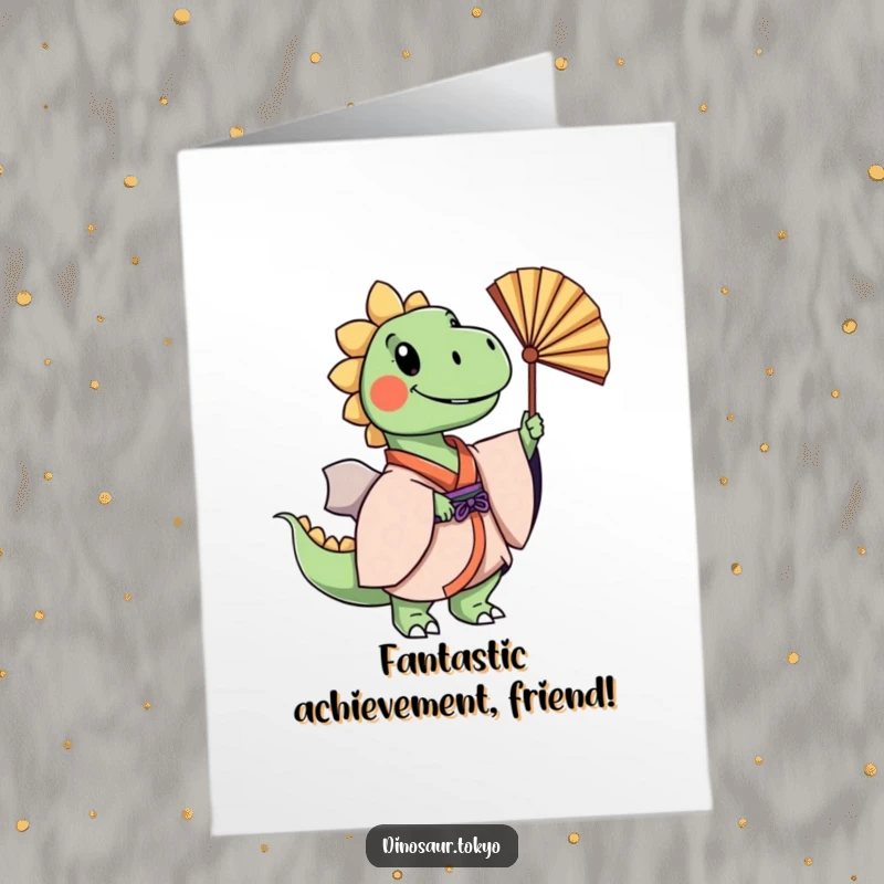 Funny Free Printable Congratulations Card: Cheerful dinosaur in layered kimono gracefully sways a fan, celebrating success with elegance.
