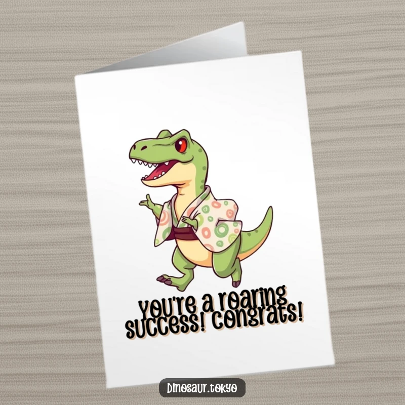Funny free printable congratulations card featuring a triumphant velociraptor in a patterned kimono leaping.