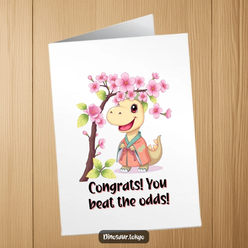 Funny Free Printable Congratulations Card: Joyful kimono dinosaur celebrating amidst cherry blossoms, excellent downloadable greeting.
