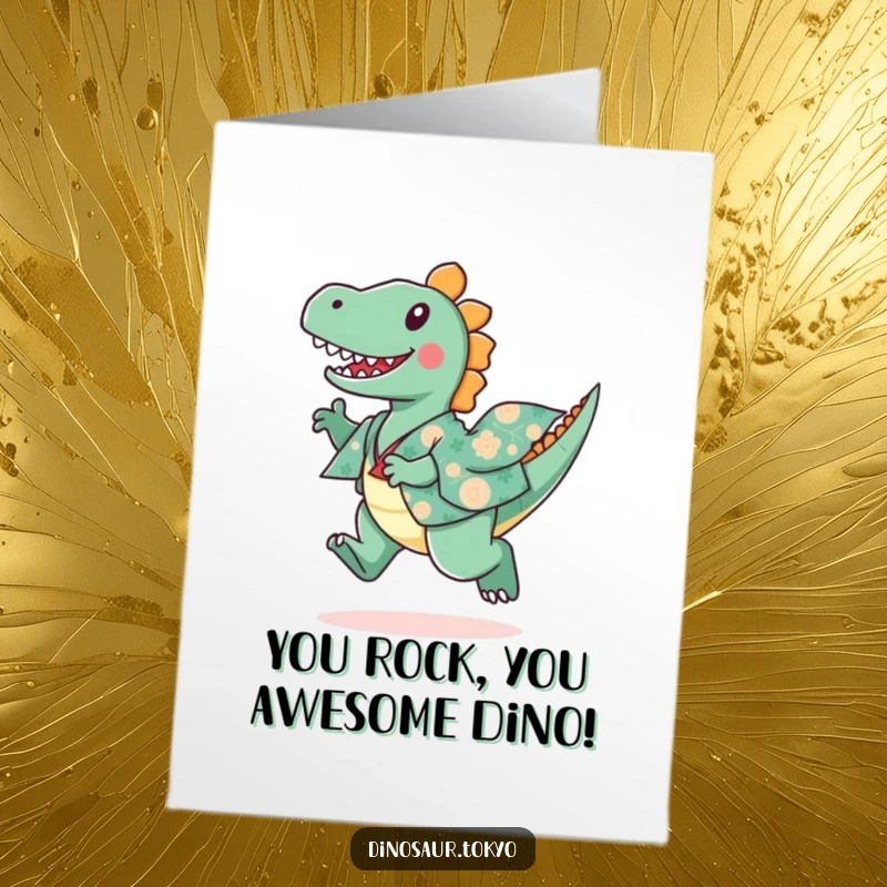 Funny Free Printable Congratulations Card featuring a playful dinosaur in a patterned kimono leaping happily to celebrate achievements.