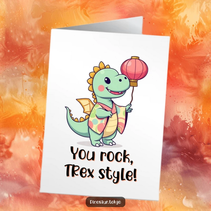 Funny Free Printable Congratulations Card: a smiling dinosaur in a vibrant kimono twirls a lantern, celebrating a momentous occasion.