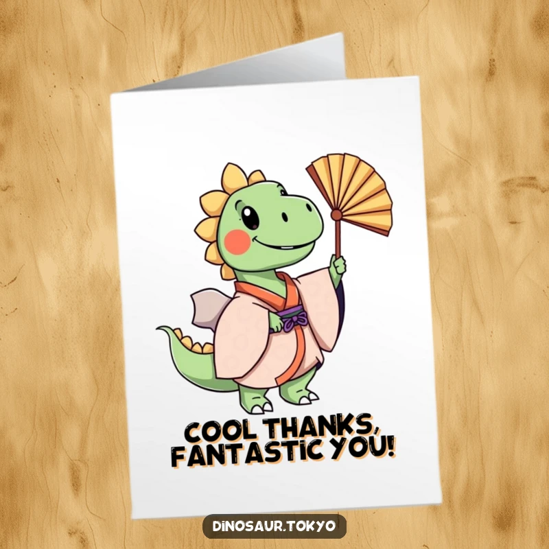 Funny Free Printable Thank You Card: Cheerful dinosaur in layered kimono gracefully sways a fan, expressing thanks with style.