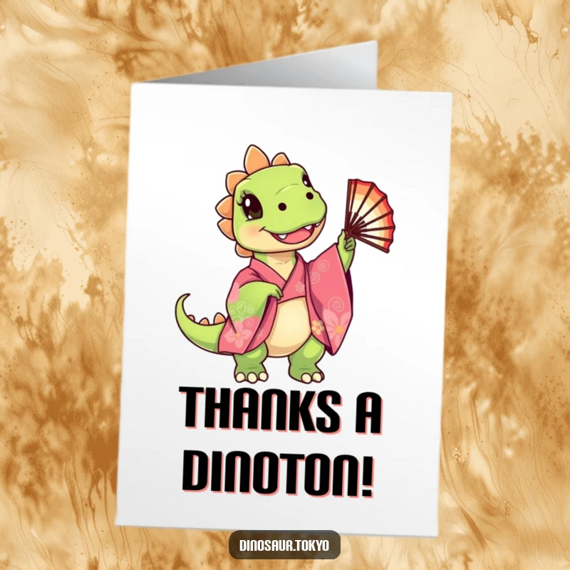 Funny Free Printable Thank You Card featuring a cute dinosaur in a colorful kimono happily twirling a fan, conveying thanks with joy.