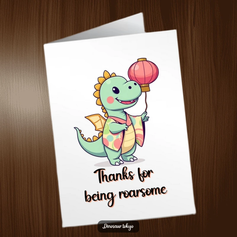 Funny Free Printable Thank You Card: a smiling dinosaur in a vibrant kimono twirls a lantern, offering thanks with style.