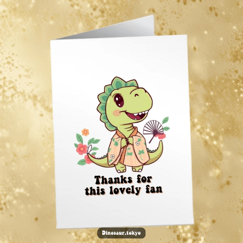 Funny Free Printable Thank You Card of a curious dinosaur wearing a floral kimono, peeking from behind a decorative fan.