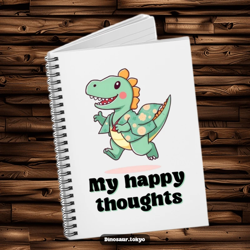 Funny notebook featuring a playful dinosaur in a patterned kimono, leaping happily across the cover.