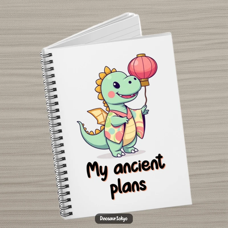 Funny dinosaur in a vibrant kimono twirling a paper lantern, an artistic notebook for capturing joyful thoughts and ideas.