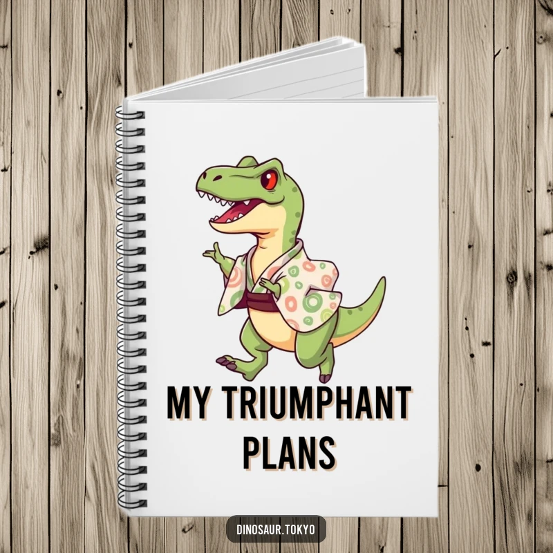 Funny Notebook cover showcasing a joyful velociraptor in a patterned kimono, mid-leap, ready for creative notes.