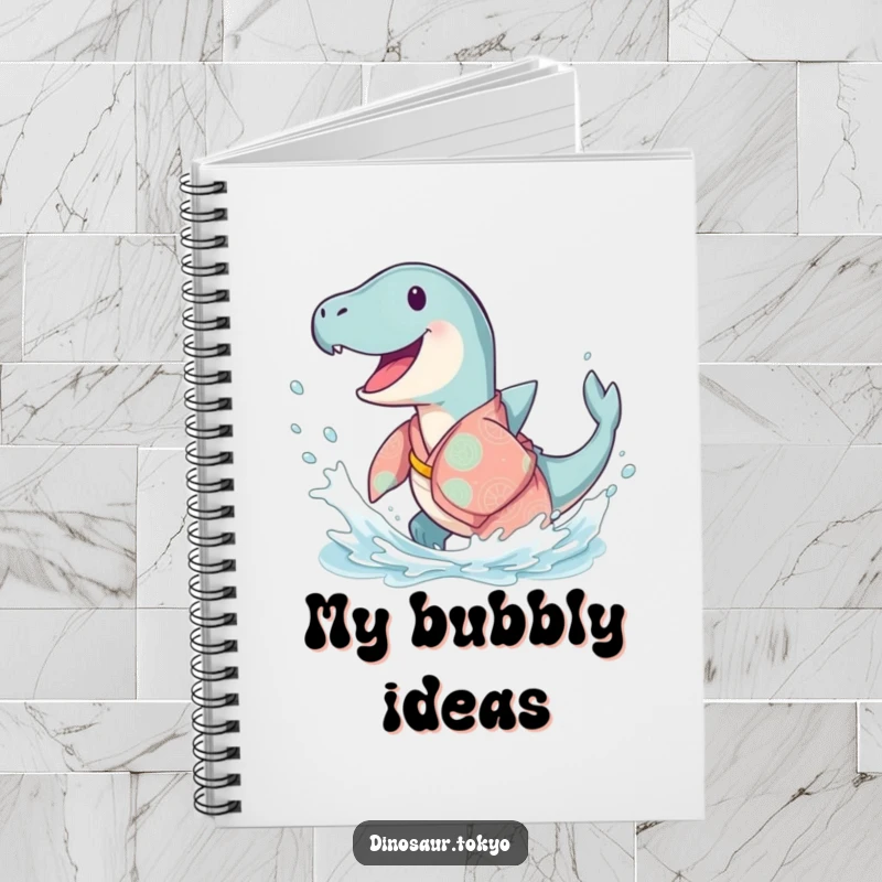 Funny Ichthyosaurus Kimono Notebook with a happy ancient sea creature in a flowing kimono, doing a joyful splash for humorous note-taking.