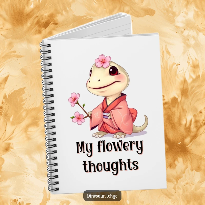 Funny Compsognathus Kimono Notebook with a grinning tiny dinosaur in a small kimono, offering a cherry blossom for humorous note-taking.