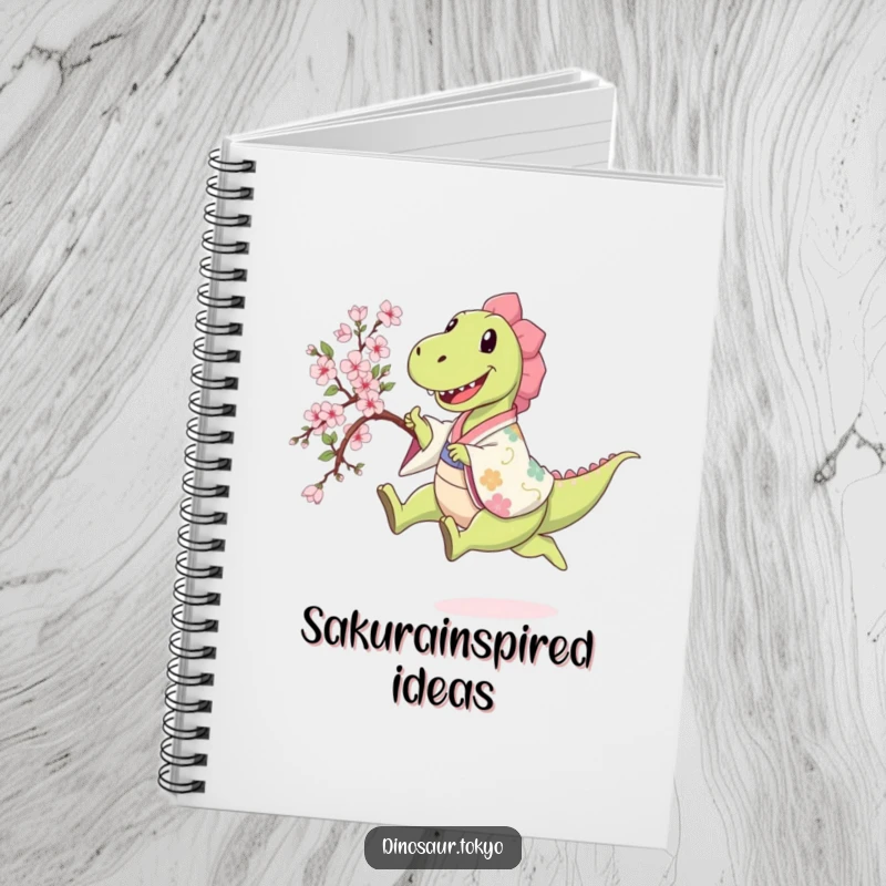 Funny happy dinosaur in a patterned kimono leaping while holding a sakura branch, a humorous and practical notebook.