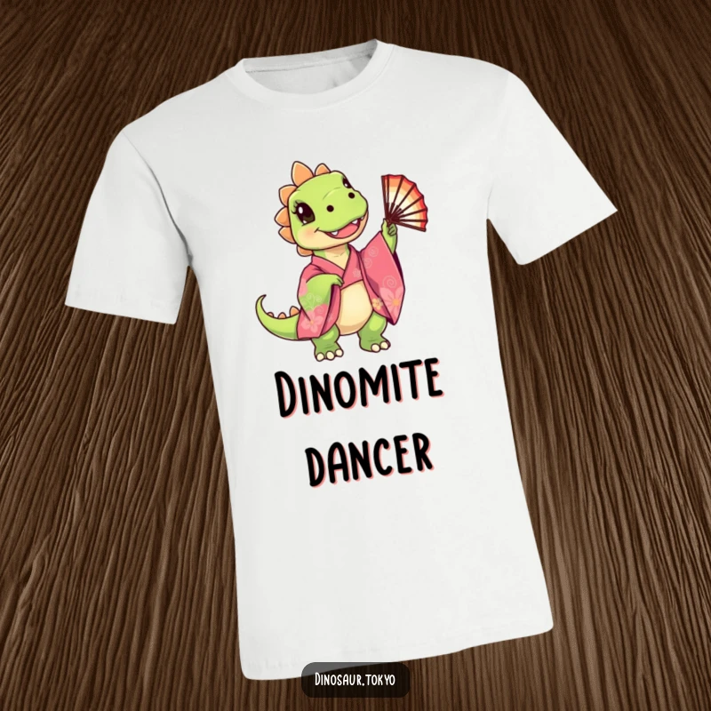 Funny T-Shirt depicting a cute dinosaur in a colorful kimono joyfully twirling a fan, embodying fun and cuteness, a cool funny gift.