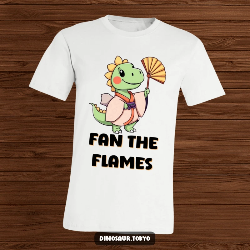 Funny cheerful dinosaur in a layered kimono gracefully swaying a fan, a humorous and stylish t-shirt design.