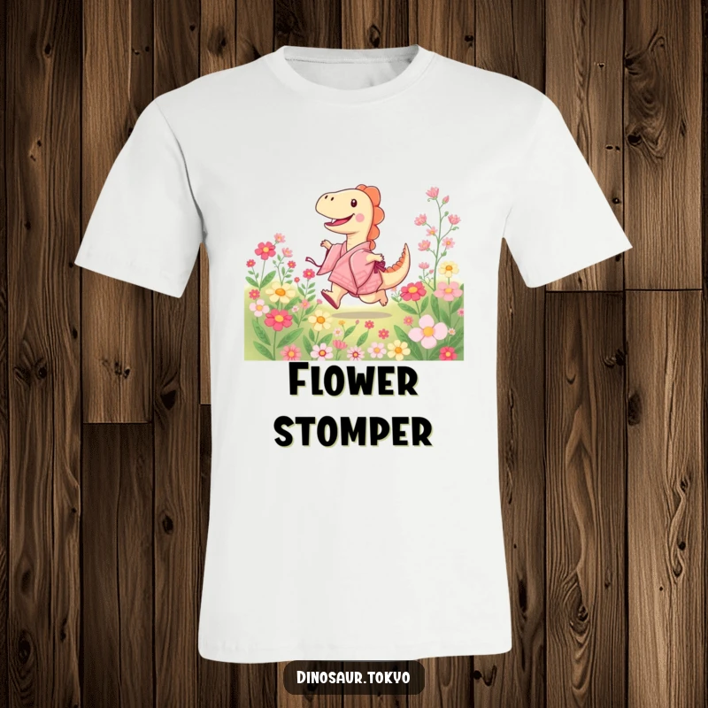Funny t-shirt featuring a joyful dinosaur in a kimono skipping happily amidst a field of colorful blooming flowers.