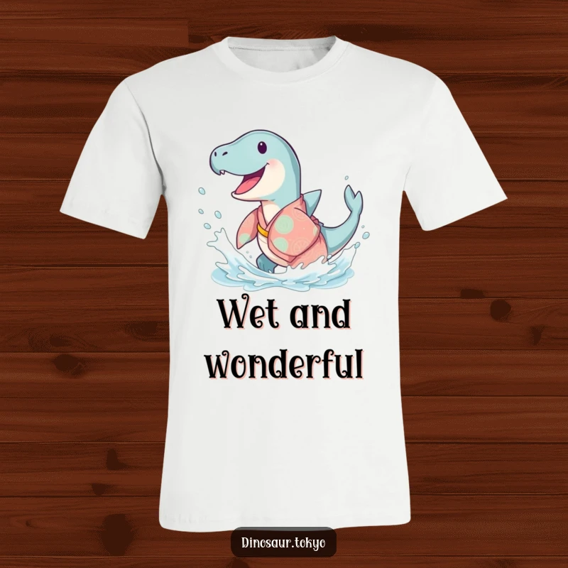 Funny Ichthyosaurus Kimono T-Shirt showing a happy ancient sea creature in a flowing kimono, joyfully splashing for a fun aquatic look.