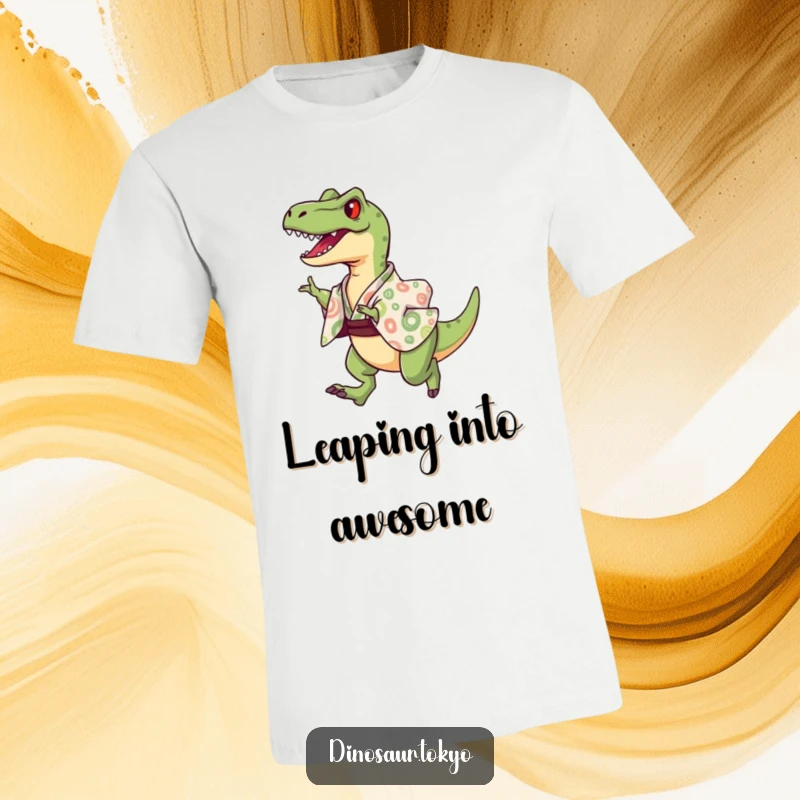 Funny T-Shirt featuring a jubilant velociraptor in a vibrant kimono executing a powerful, triumphant leap, full of energy.