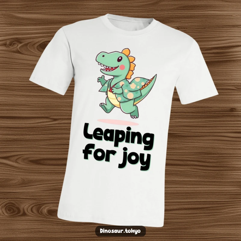 Funny t-shirt featuring a playful dinosaur dressed in a patterned kimono, captured mid-leap with pure joy.