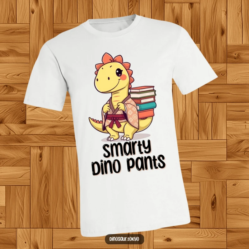 Funny T-Shirt: A mischievous dinosaur in a patterned kimono balances a stack of books, looking clever and humorous.
