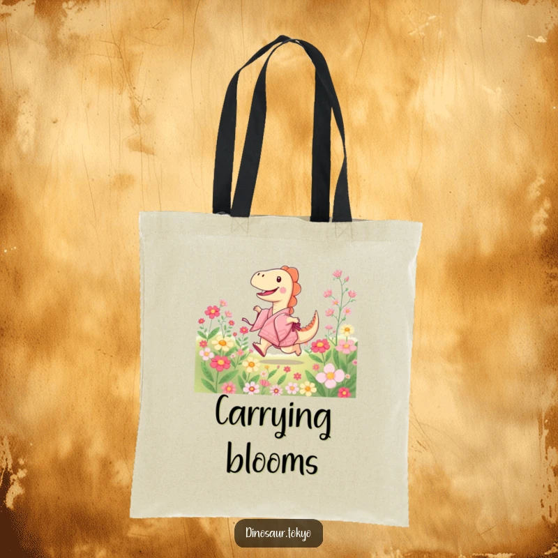 Funny tote bag with a joyful dinosaur in a kimono skipping through blooming flowers, ideal for carrying items with a cheerful theme.