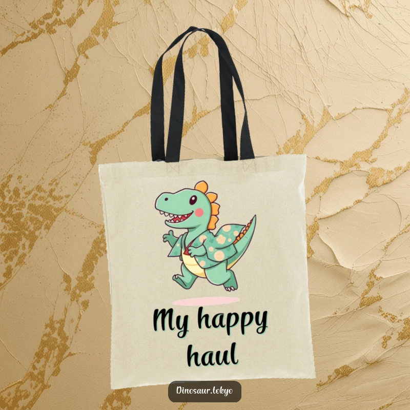 Funny tote bag showcasing a playful dinosaur in a patterned kimono, captured in a happy leaping pose.
