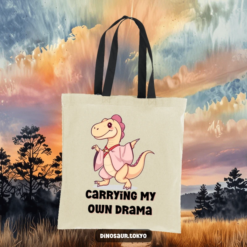 Funny Tote Bag: A dinosaur in a silk kimono is captured mid-dance, adding a humorous and elegant touch to this reusable bag.