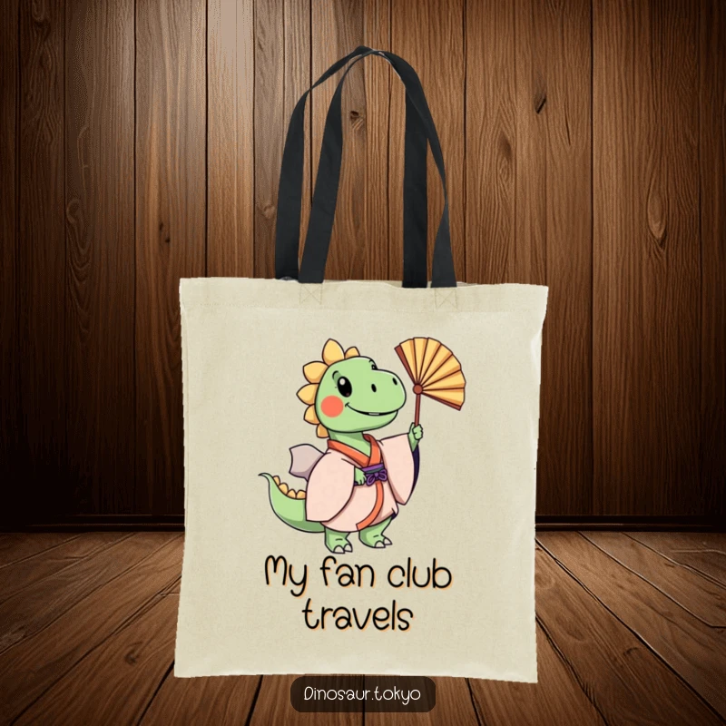 Funny cheerful dinosaur in a layered kimono gracefully swaying a fan, a humorous and practical tote bag.